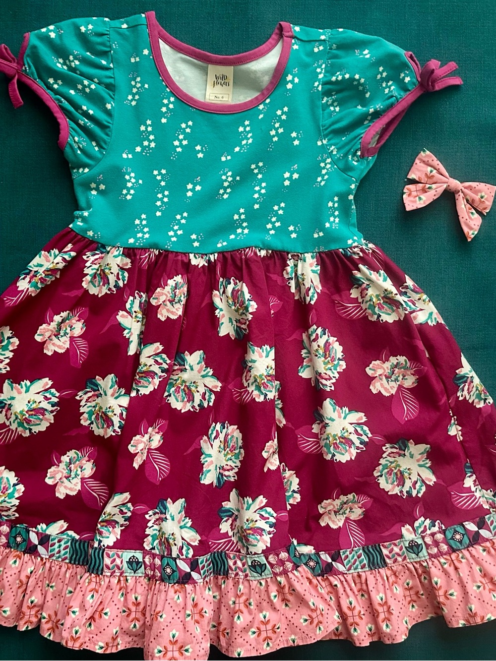 Wildflowers Clothing size 6 Girls Floral Dress in Teal and Magenta bow bundle